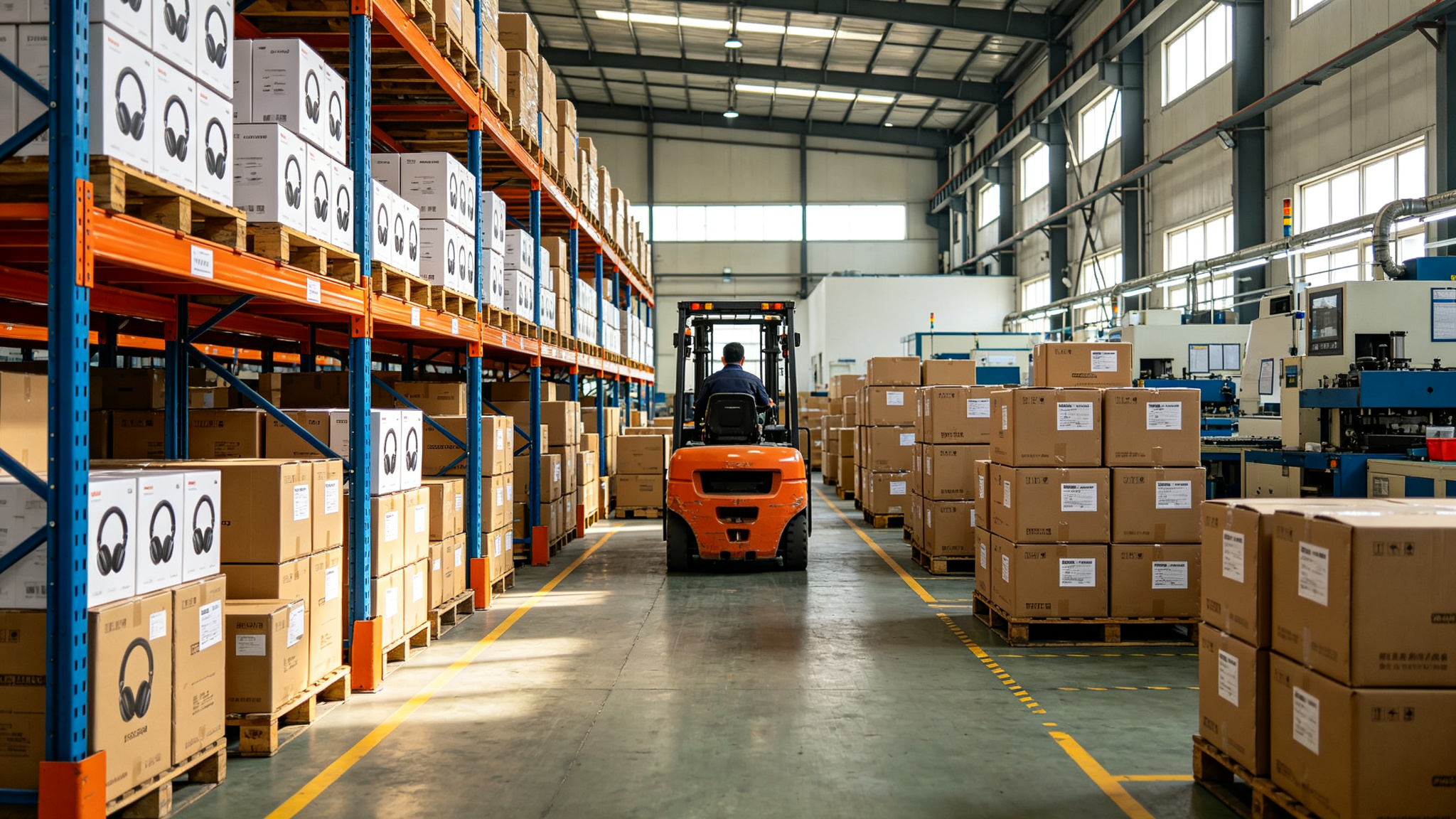 Finished goods warehouse with organized inventory and forklift