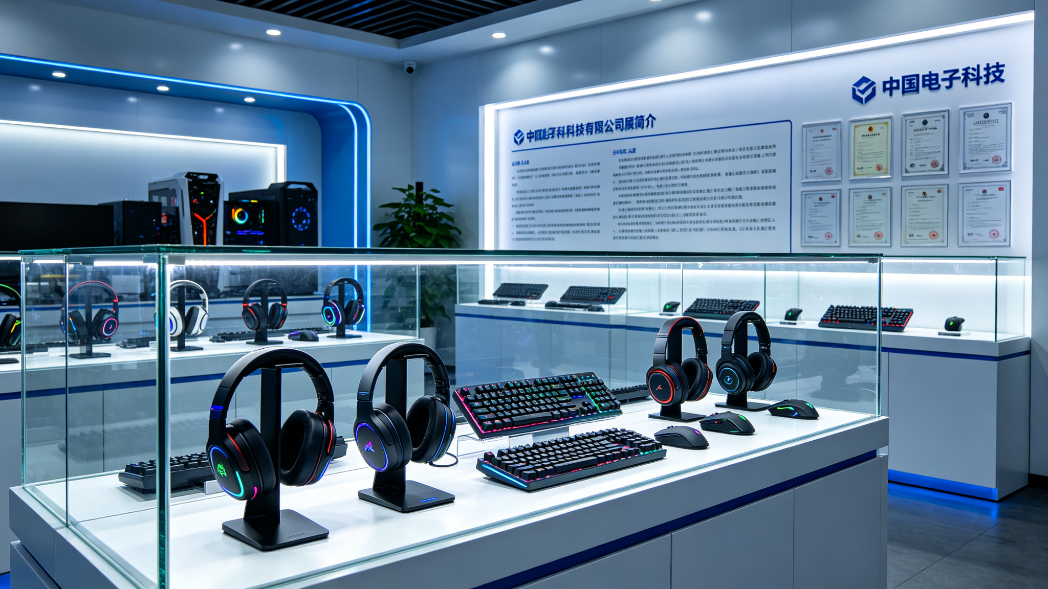 Product showroom displaying gaming headsets, keyboards and mice